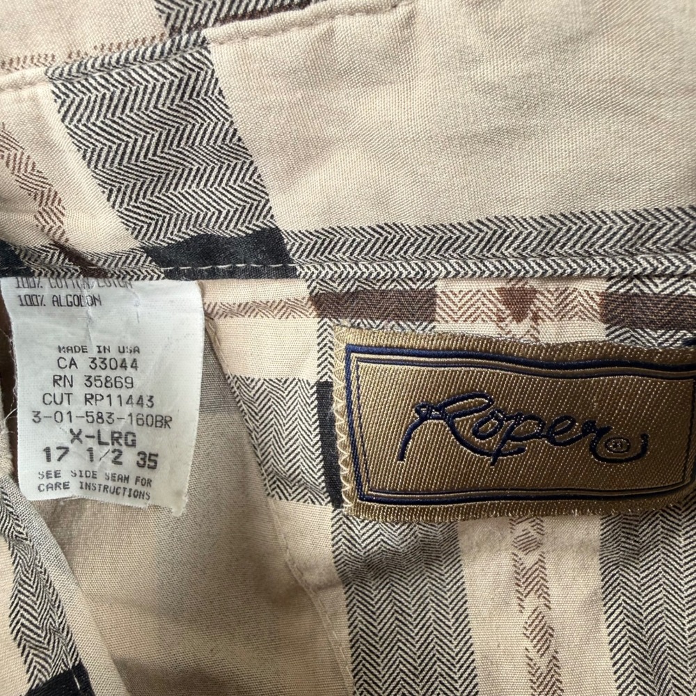 Vintage Roper Mens XL Beige Plaid Western Button Down Shirt Cotton USA Made - Picture 6 of 6